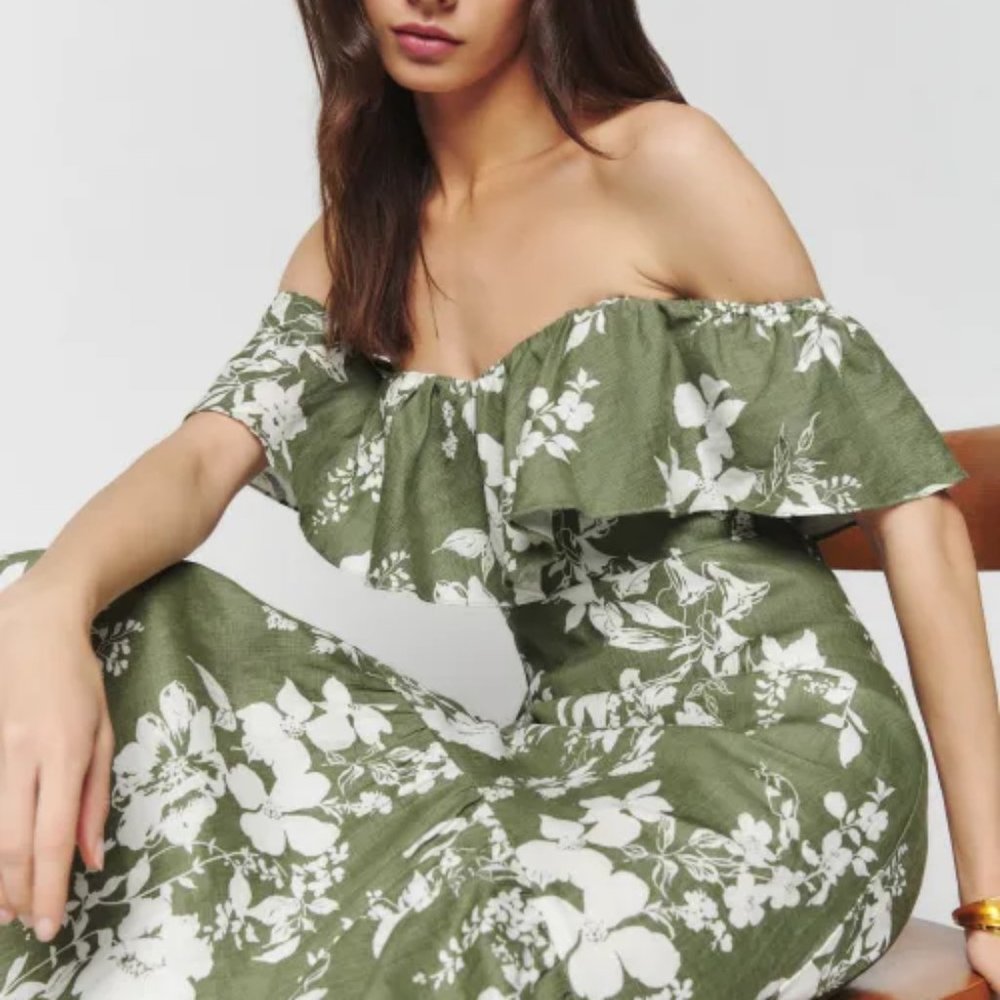NWOT Reformation Baela Linen Dress in Willow Green White Floral Midi - Picture 4 of 7